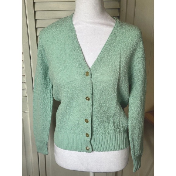 Vintage Mint Green Button Up Cardigan V Neck Fortune Knits Unsized - Picture 1 of 6